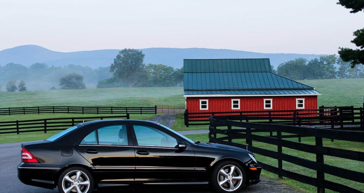 automobile, car, barn, farm, ranch, parked car, black car, car wallpapers, vehicle, rural, countryside, fence, demarcation