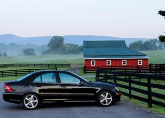 automobile, car, barn, farm, ranch, parked car, black car, car wallpapers, vehicle, rural, countryside, fence, demarcation